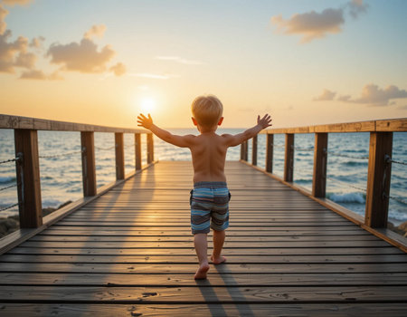 Cute little boy walking on a wooden pier at the sunset.の素材