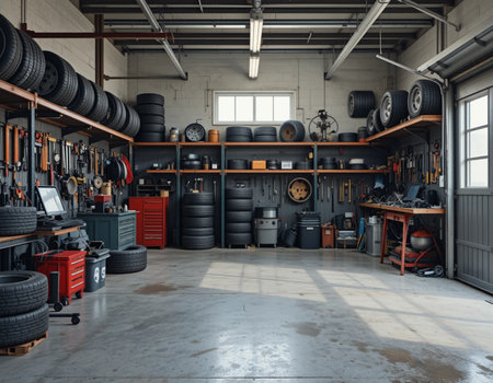 Interior of a garage with a lot of tools and equipment.の素材
