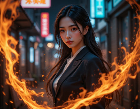 beautiful Asian woman in city at night with fire in her hairの素材