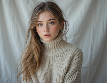 Portrait of a beautiful young girl with long hair in a white sweater.の素材