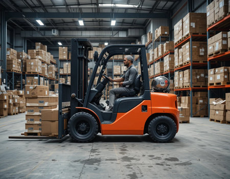 Worker driving forklift in warehouse. This is a freight transportation and distribution warehouse. Industrial and industrial workers conceptの素材