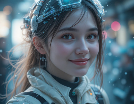 beautiful asian woman cosmonaut portrait in the city at nightの素材