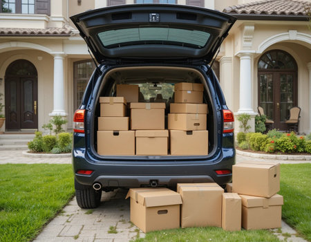 Car with boxes in front of a new house. Moving day concept.の素材