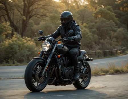 Rear view of biker in helmet and black leather jacket riding on asphalt roadの素材