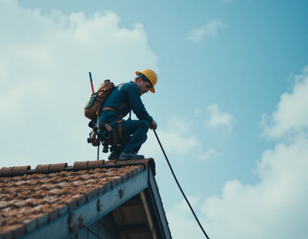Roof maintenance worker on the roof of a building with a screwdriverの素材