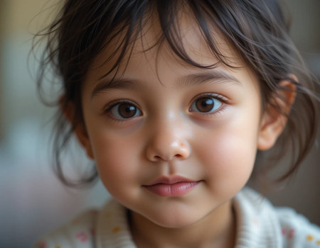 Portrait of cute little Asian girl looking at camera, indoor shotの素材