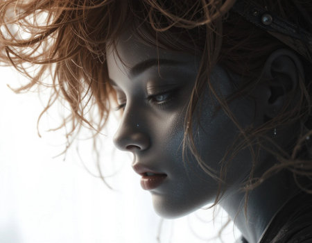 Close-up portrait of a girl with hair blowing in the windの素材