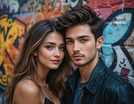 beautiful young couple in leather jackets posing in front of graffiti wallの素材