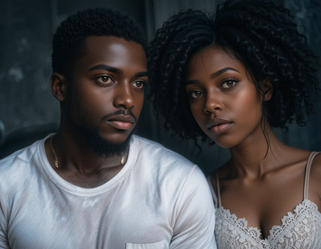 beautiful african american couple in white clothes looking at cameraの素材
