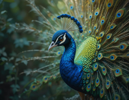Beautiful peacock in the forest. Colorful peacock portraitの素材