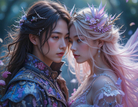 Portrait of two beautiful Asian women with long hair in the garden.の素材