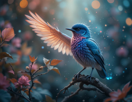 Blue bird on a branch with bokeh background, vintage toneの素材