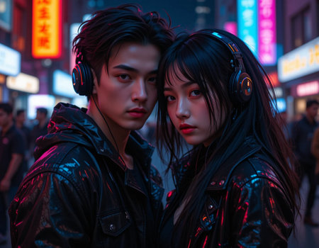 Young Asian couple listening to music in the street.の素材