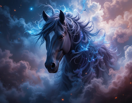 Horse in the sky with clouds and stars. Fantasy background.の素材