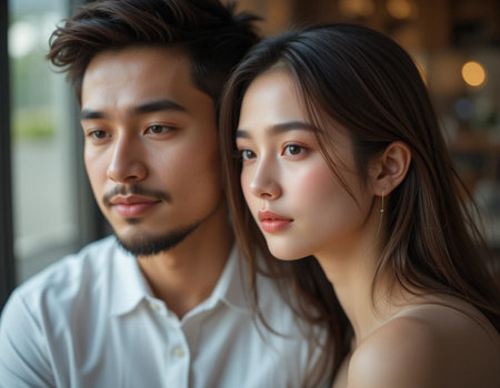 Portrait of young Asian man and woman looking at camera.の素材