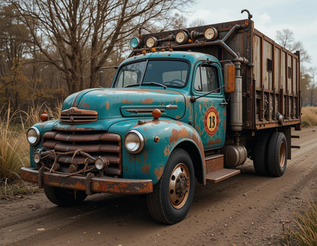 Abandoned old truck in the middle of a rural road.の素材