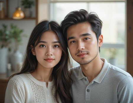 portrait of Asian young couple looking at camera in living roomの素材