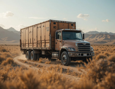 Truck with cargo in the middle of the desert. 3d renderingの素材