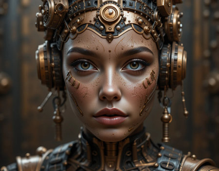 Portrait of a beautiful girl robot in the steampunk style.の素材