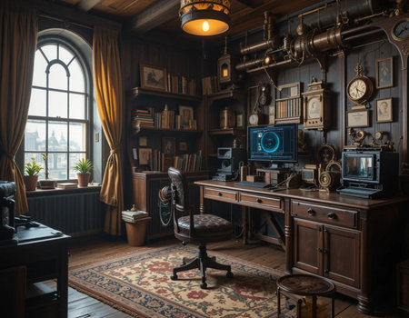 Interior of a vintage room with bookshelf, computer and clockの素材