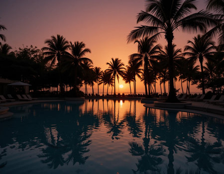 Silhouette palm tree with umbrella and chair around swimming pool in hotel resort at sunset time - Vintage Filterの素材