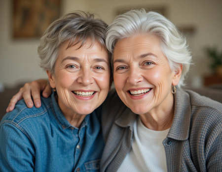 Portrait of happy senior woman and her adult daughter looking at cameraの素材