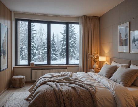 Interior of a bedroom with a view of the winter forest.の素材