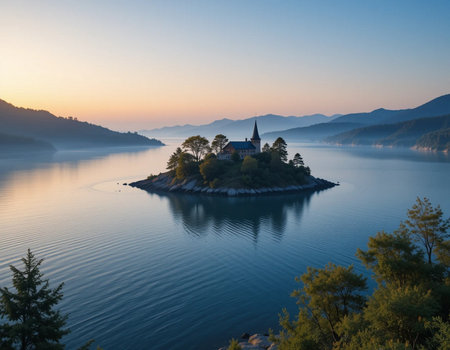 Lake Bled with St. Anne's Church at sunrise, Sloveniaの素材
