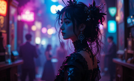 Portrait of a beautiful Asian woman in a night club, neon lightsの素材