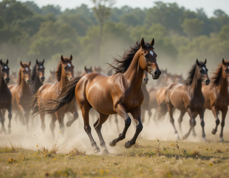 Herd of horses run gallop on the field in summer.の素材