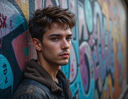 Portrait of a handsome young man with dark hair in an urban contextの素材