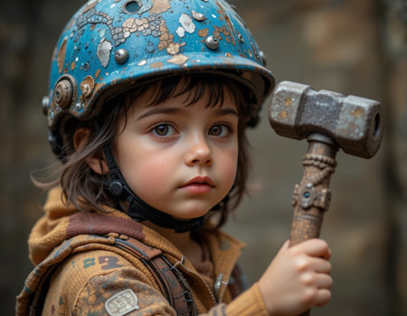 Portrait of a boy in a helmet with a hammer in his handsの素材