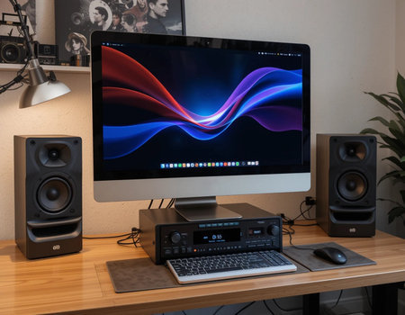 Computer on the table in the room with a sound system and speakersの素材