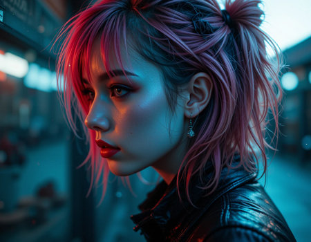 Beautiful girl with pink hair in a black leather jacket in the cityの素材