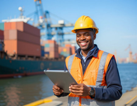 Portrait of happy African-American engineer holding tablet computer in portの素材