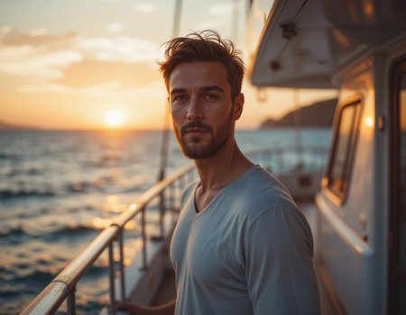 Portrait of a handsome young man standing on a yacht at sunsetの素材