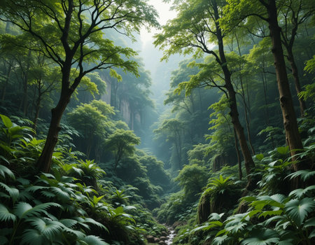 Landscape of green forest with fog in the morning, Taipei, Taiwanの素材