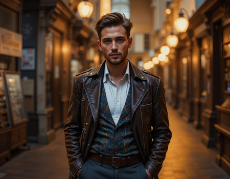 Handsome young man in a leather jacket is standing in the city street.の素材