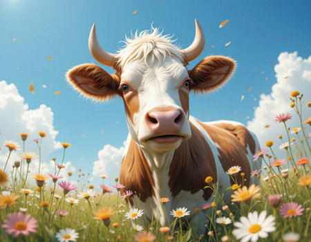 Cow on a meadow with daisies and blue sky.の素材