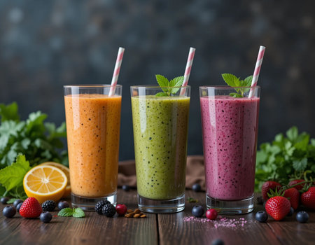 Healthy colorful smoothies in glass on wooden table, selective focusの素材