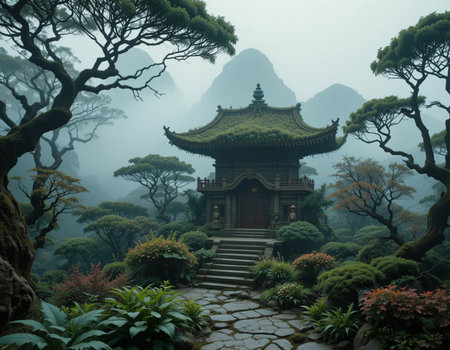 Chinese temple in the deep misty forest, Guilin, Chinaの素材