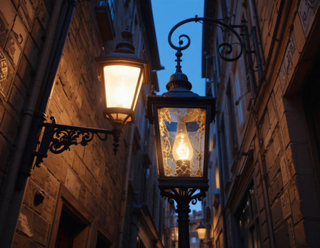 Street lamp in the old town of Lviv at night, Ukraine.の素材