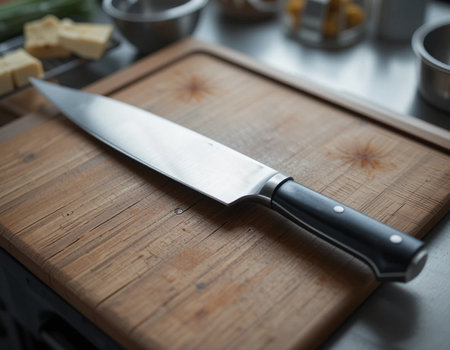 Kitchen knife on a cutting board. Cooking in the kitchen.の素材