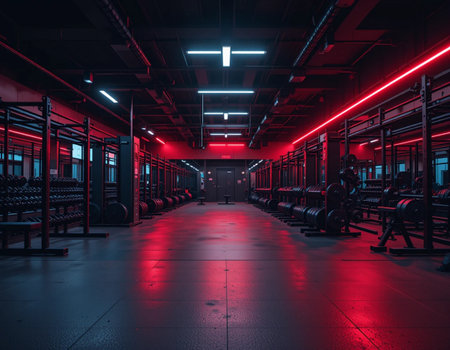 Interior of a fitness hall with red lights. 3d renderingの素材