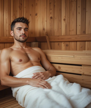 Handsome young man relaxing in a sauna with a white towelの素材