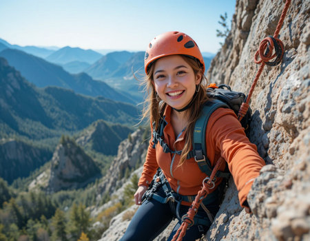 Young woman climbing on a cliff. Climbing in the mountains.の素材