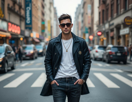 Handsome young man in a leather jacket and sunglasses in the city streetsの素材