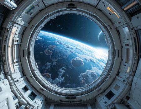 View of the planet Earth from the inside of a spaceship 3D renderingの素材