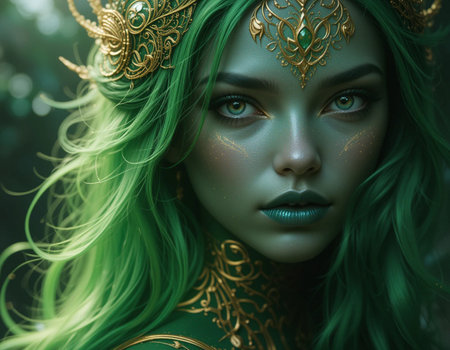 Portrait of a beautiful girl with green hair and fantasy make-upの素材
