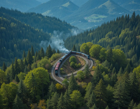 Aerial view of highway in Carpathian mountains, Ukraine.の素材